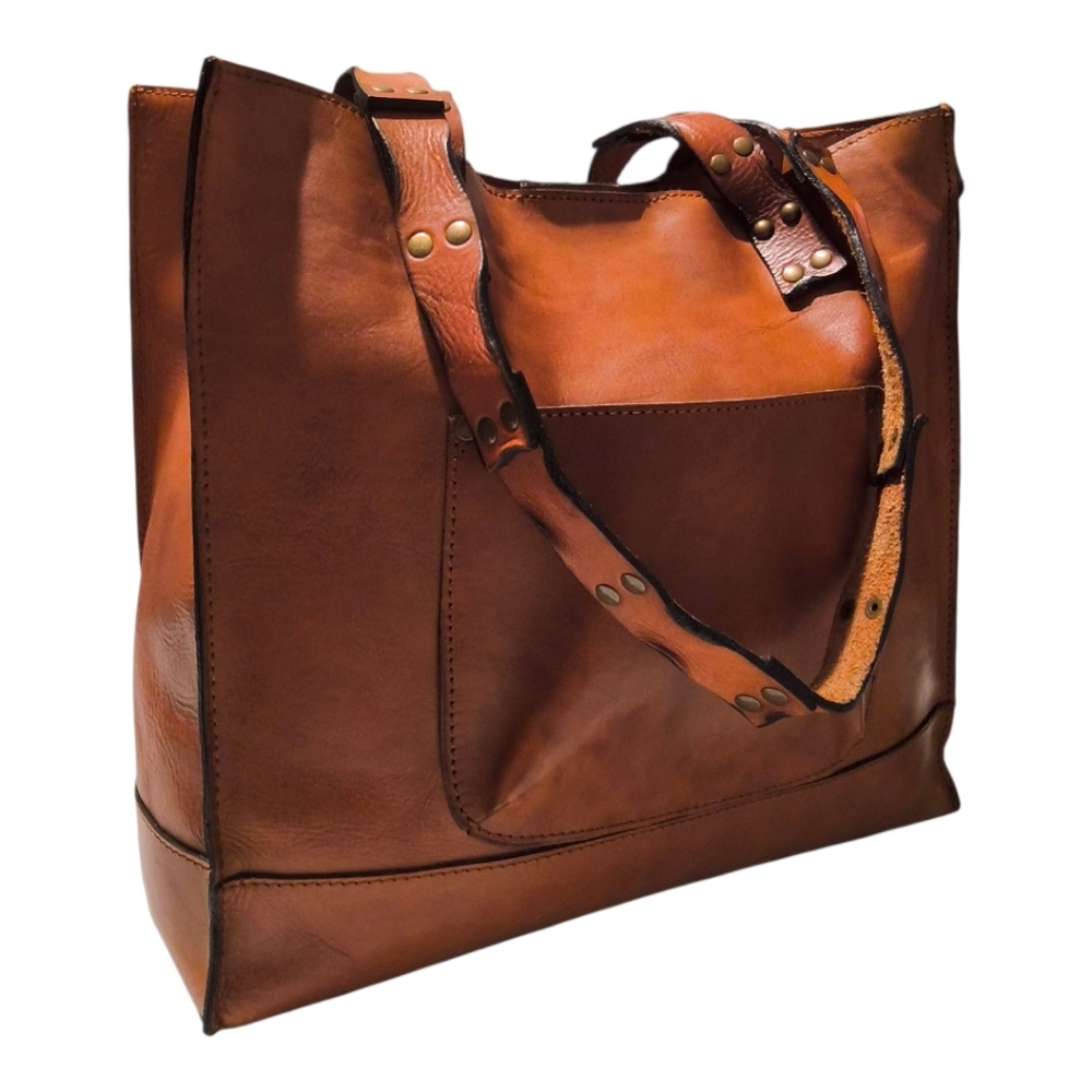 Patricia Nash Studded Link Perforated Toscano Tote Bag in Cognac Brown EUC - Picture 8 of 16